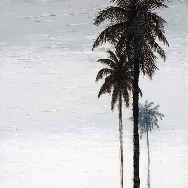 In Black Palm Painting, part of Alex Sauret's art portfolio, the viewer is transported into a serene scene dominated by three majestic palm trees. These palms, rendered in bold black hues, command attention against a backdrop of ethereal light shades. Above and below the palm trees, the canvas depicts the vast expanse of the sky and the earth, both painted in deep, rich black tones. This juxtaposition of darkness against light creates a captivating contrast, drawing the viewer's eye to the stark beauty of the palm trees. Through skillful use of colour and composition, Sauret captures the essence of these iconic symbols of tropical landscapes, inviting the viewer to immerse themselves in the tranquil ambiance of the painting. Available on the shop artwork page, this image captures the essence of the piece, inviting exploration and appreciation.