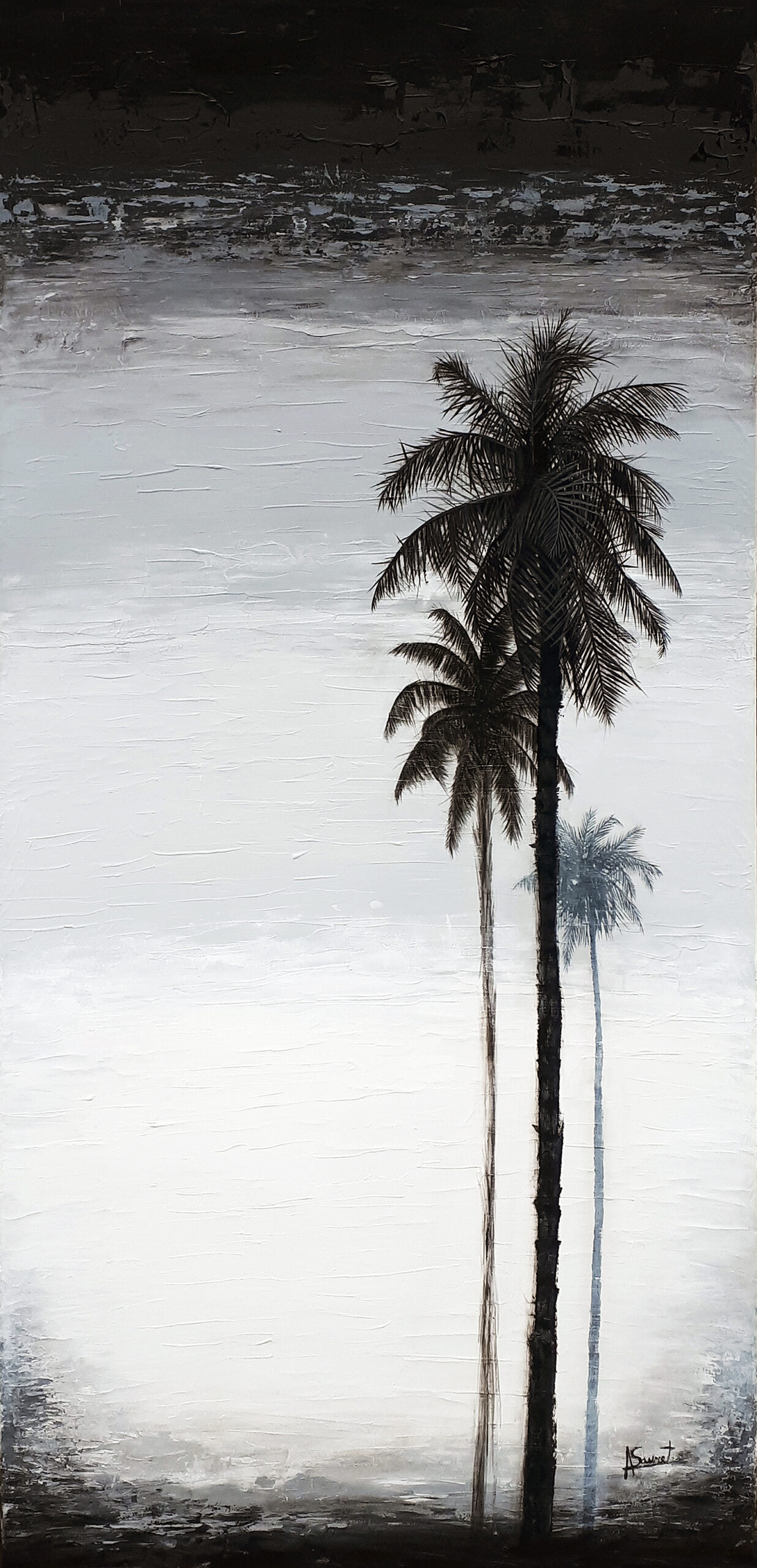 In Black Palm Painting, part of Alex Sauret's art portfolio, the viewer is transported into a serene scene dominated by three majestic palm trees. These palms, rendered in bold black hues, command attention against a backdrop of ethereal light shades. Above and below the palm trees, the canvas depicts the vast expanse of the sky and the earth, both painted in deep, rich black tones. This juxtaposition of darkness against light creates a captivating contrast, drawing the viewer's eye to the stark beauty of the palm trees. Through skillful use of colour and composition, Sauret captures the essence of these iconic symbols of tropical landscapes, inviting the viewer to immerse themselves in the tranquil ambiance of the painting. Available on the shop artwork page, this image captures the essence of the piece, inviting exploration and appreciation.