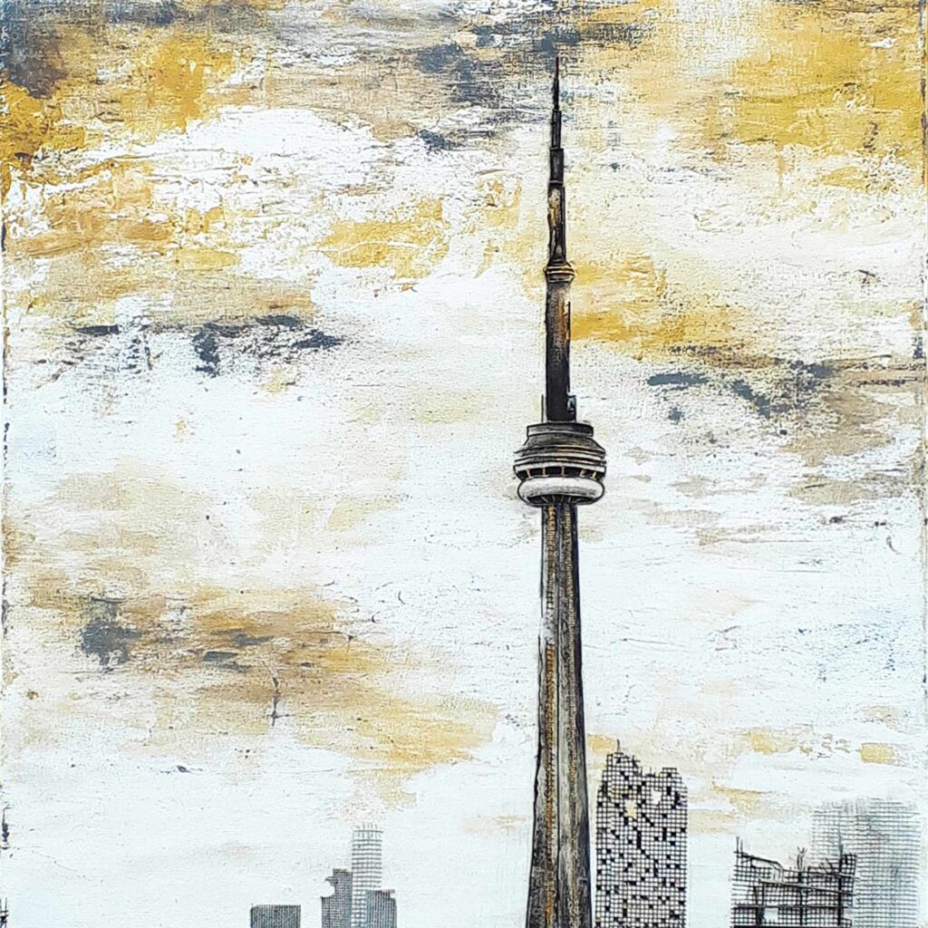 In this captivating Toronto painting by Alex Sauret, the iconic Toronto skyline takes center stage. Using a mixed media approach, Sauret brings the city to life with intricate detail and vibrant colours. Standing tall amidst the urban landscape is the CN Tower, a symbol of Toronto's skyline and architectural prowess. Surrounding the tower, buildings crafted with a mix of media techniques create a dynamic and textured cityscape. The sky above is adorned with beautiful clouds painted in shades of grey and yellow, adding depth and atmosphere to the scene. Through this art portfolio, Sauret captures the essence of Toronto's skyline, inviting viewers to immerse themselves in the energy and beauty of the city. Available on the shop artwork page, this image captures the essence of the piece, inviting exploration and appreciation.