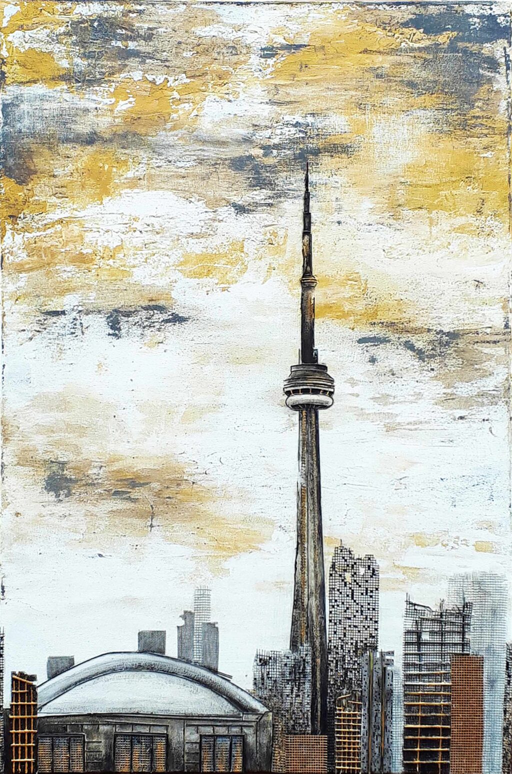 In this captivating Toronto painting by Alex Sauret, the iconic Toronto skyline takes center stage. Using a mixed media approach, Sauret brings the city to life with intricate detail and vibrant colours. Standing tall amidst the urban landscape is the CN Tower, a symbol of Toronto's skyline and architectural prowess. Surrounding the tower, buildings crafted with a mix of media techniques create a dynamic and textured cityscape. The sky above is adorned with beautiful clouds painted in shades of grey and yellow, adding depth and atmosphere to the scene. Through this art portfolio, Sauret captures the essence of Toronto's skyline, inviting viewers to immerse themselves in the energy and beauty of the city. Available on the shop artwork page, this image captures the essence of the piece, inviting exploration and appreciation.