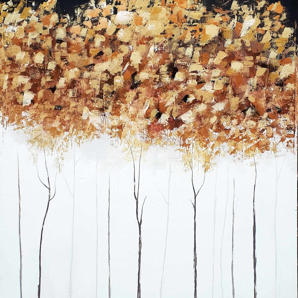 In this striking 'Darkness Falls' artwork from Alex Sauret's art portfolio, a minimalist forest scene unfolds with captivating simplicity. The essence of the forest is distilled into its most essential elements, as slender trunks stand in stark contrast against the canvas. The minimalist rendering of the tree trunks directs attention upward, where the foliage emerges in a stunning display of gold and copper hues. Each delicate brushstroke captures the intricate beauty of the foliage, creating a mesmerizing canopy that commands attention. Above the trees, the sky is painted in a deep, rich black, serving as a dramatic backdrop that accentuates the vibrant colors of the foliage below. The contrast between the dark sky and the shimmering foliage adds depth and intensity to the composition, evoking a sense of mystery and wonder. Through this minimalistic forest painting, Sauret invites viewers to appreciate the beauty of nature in its simplest form, while also exploring the interplay between light, color, and texture. It is a testament to the artist's skill in capturing the essence of the natural world and transforming it into a captivating work of art.