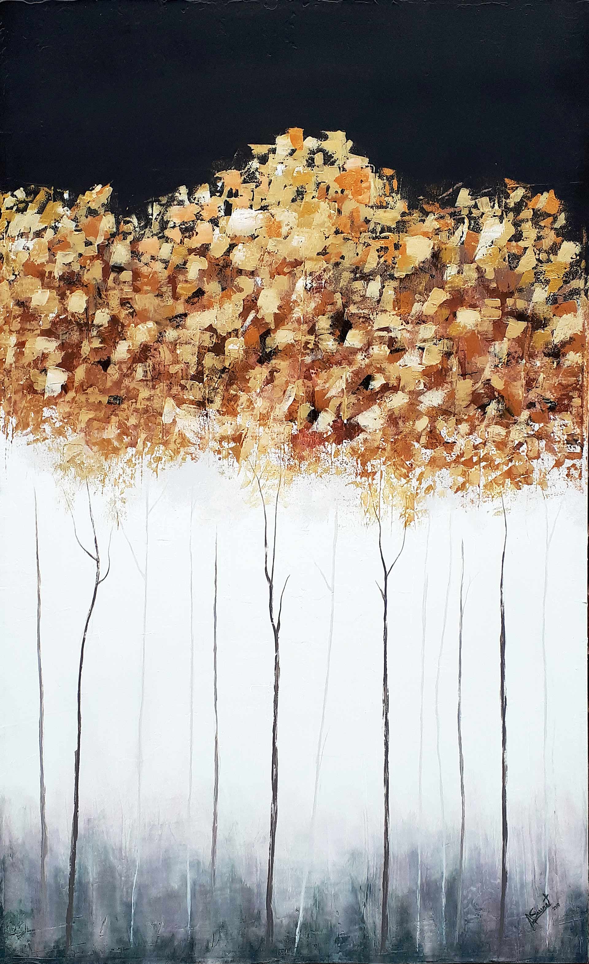 In this striking 'Darkness Falls' artwork from Alex Sauret's art portfolio, a minimalist forest scene unfolds with captivating simplicity. The essence of the forest is distilled into its most essential elements, as slender trunks stand in stark contrast against the canvas. The minimalist rendering of the tree trunks directs attention upward, where the foliage emerges in a stunning display of gold and copper hues. Each delicate brushstroke captures the intricate beauty of the foliage, creating a mesmerizing canopy that commands attention. Above the trees, the sky is painted in a deep, rich black, serving as a dramatic backdrop that accentuates the vibrant colors of the foliage below. The contrast between the dark sky and the shimmering foliage adds depth and intensity to the composition, evoking a sense of mystery and wonder. Through this minimalistic forest painting, Sauret invites viewers to appreciate the beauty of nature in its simplest form, while also exploring the interplay between light, color, and texture. It is a testament to the artist's skill in capturing the essence of the natural world and transforming it into a captivating work of art.