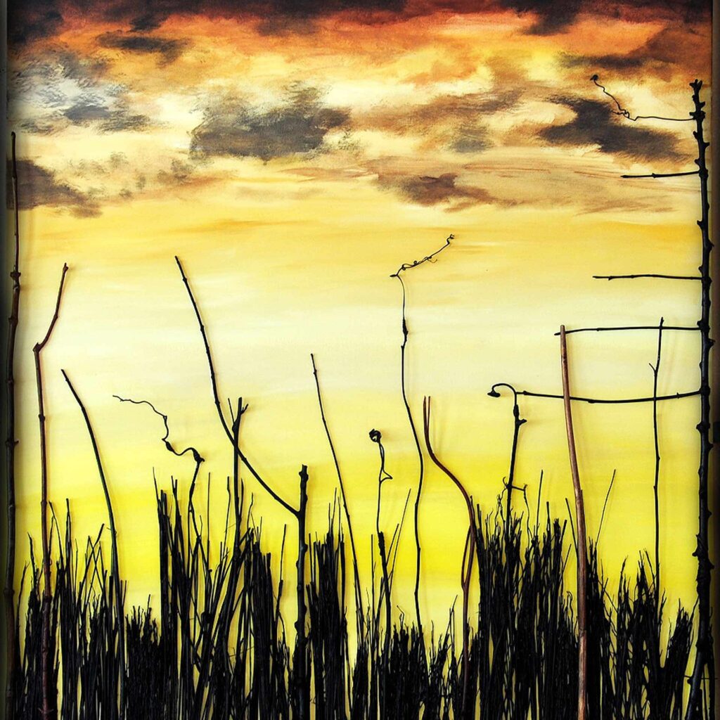 In this captivating piece titled "Darkness Looms," part of Alex Sauret's art portfolio, a striking contrast between earth and sky unfolds. At the bottom, a prairie landscape emerges, depicted in rich black hues that evoke a sense of depth and mystery. Above, the sky commands attention, taking center stage with its vibrant display of yellow, orange, and black tones. The vivid colours imbue the scene with an otherworldly quality, transporting the viewer to a realm of imagination and intrigue. Through skillful use of colour and composition, Darkness Looms by Alex Sauret invites us to contemplate the interplay between light and shadow, reality and fantasy, in this captivating painting.