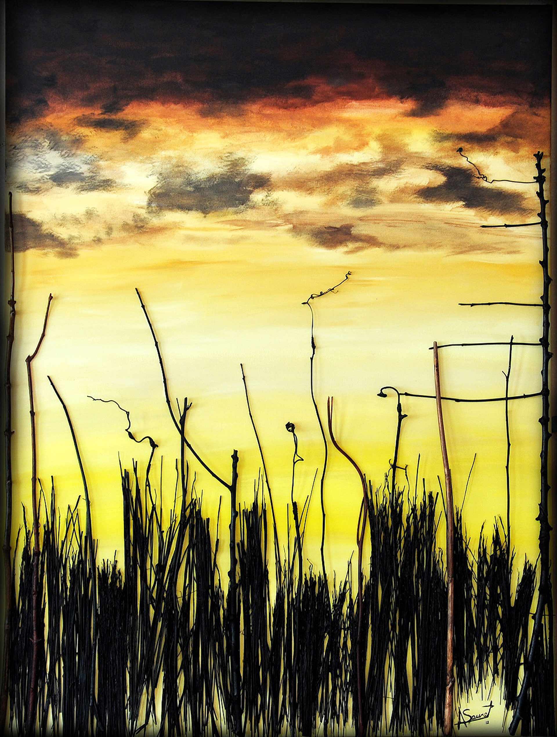 In this captivating piece titled "Darkness Looms," part of Alex Sauret's art portfolio, a striking contrast between earth and sky unfolds. At the bottom, a prairie landscape emerges, depicted in rich black hues that evoke a sense of depth and mystery. Above, the sky commands attention, taking center stage with its vibrant display of yellow, orange, and black tones. The vivid colours imbue the scene with an otherworldly quality, transporting the viewer to a realm of imagination and intrigue. Through skillful use of colour and composition, Darkness Looms by Alex Sauret invites us to contemplate the interplay between light and shadow, reality and fantasy, in this captivating painting.