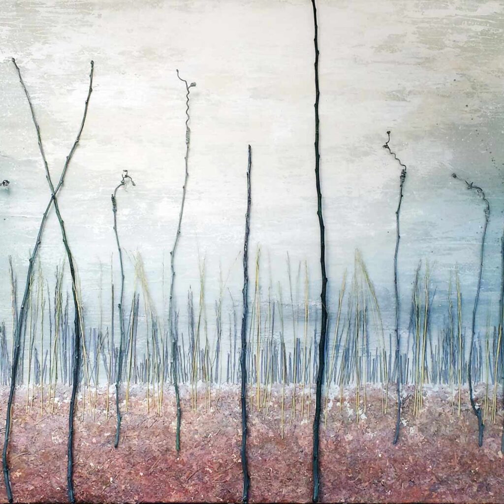 In 'Days of Yore' by Alex Sauret, the essence of the forest is captured in its purest form. A minimalist landscape unfolds, where slender tree trunks stand in bold relief against the canvas. Earthy tones at the base of the trees evoke the crispness of fallen foliage in autumn, grounding the composition in natural simplicity. The horizon seamlessly merges into a tranquil sky, painted in serene shades of green and blue, offering a backdrop that enhances the vibrancy of the tree trunks. Each trunk, crafted from real tree branches, adds a tactile dimension to the painting, inviting viewers to immerse themselves fully in this captivating woodland scene.