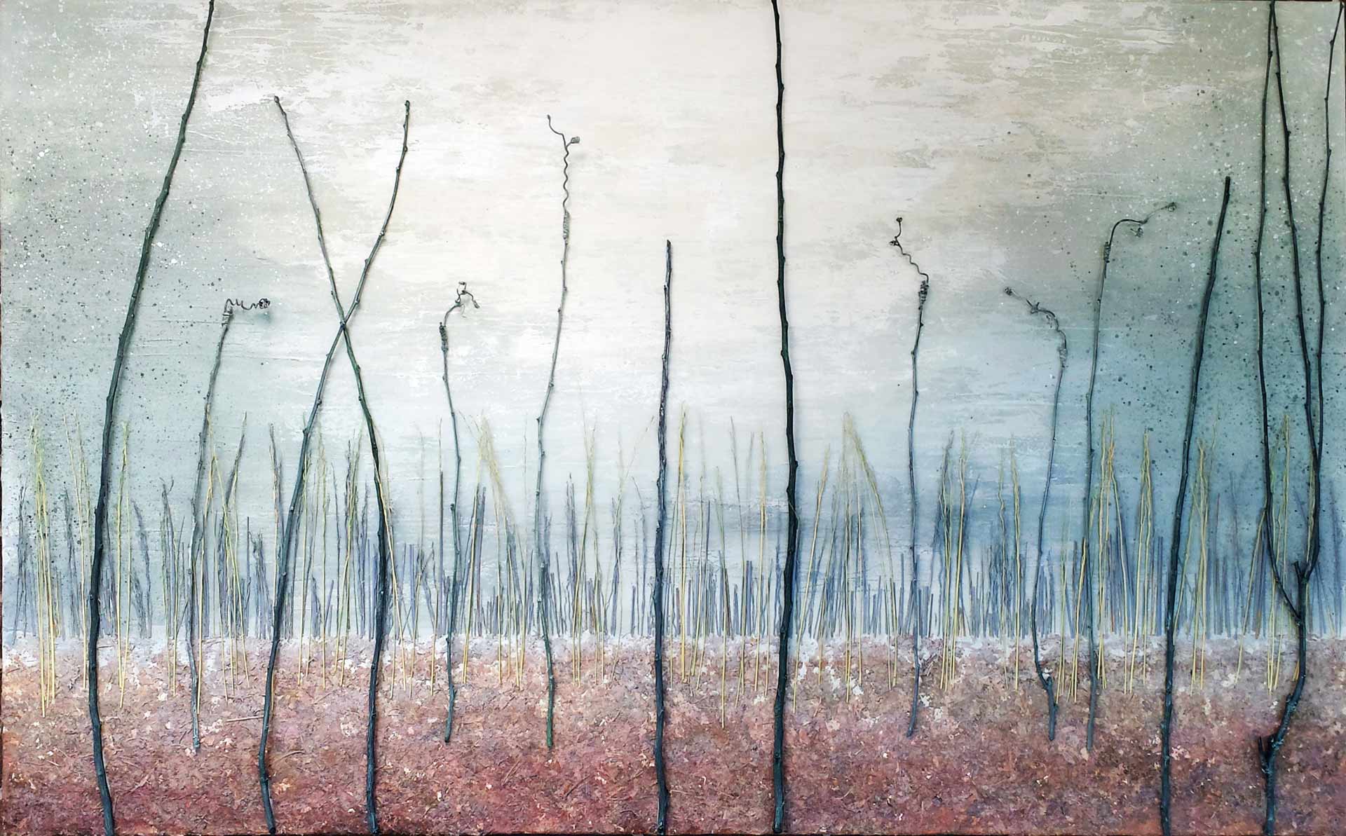 In 'Days of Yore' by Alex Sauret, the essence of the forest is captured in its purest form. A minimalist landscape unfolds, where slender tree trunks stand in bold relief against the canvas. Earthy tones at the base of the trees evoke the crispness of fallen foliage in autumn, grounding the composition in natural simplicity. The horizon seamlessly merges into a tranquil sky, painted in serene shades of green and blue, offering a backdrop that enhances the vibrancy of the tree trunks. Each trunk, crafted from real tree branches, adds a tactile dimension to the painting, inviting viewers to immerse themselves fully in this captivating woodland scene.