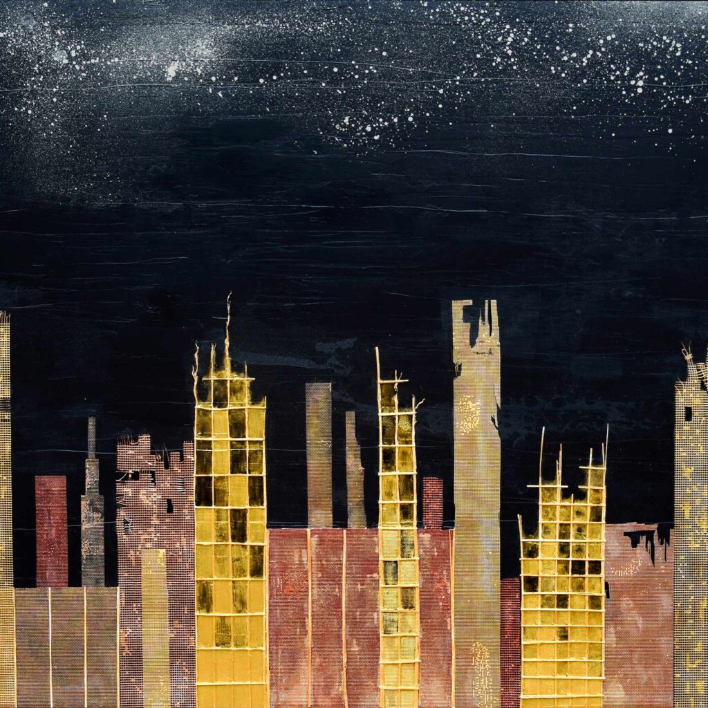 In this stunning piece from Alex Sauret's art portfolio, titled "Luminance," a mesmerizing cityscape unfolds before the viewer's eyes. Sauret employs mixed media techniques to craft the buildings, imbuing them with a unique and stylized aesthetic. Each structure seems to pulsate with energy, evoking the bustling rhythm of urban life. Above the cityscape, the sky commands attention with its striking beauty. Painted in rich black hues, it serves as a dramatic backdrop to the scene below. Amidst the darkness, patches of the sky resemble a gala milky constellation, adding a touch of celestial enchantment to the composition. Through "Luminance," Sauret skillfully captures the essence of city life, juxtaposing the vibrancy of urban architecture with the serene allure of the night sky. The result is a captivating artwork that invites viewers to immerse themselves in its evocative atmosphere. Available on the shop artwork page, this image captures the essence of the piece, inviting exploration and appreciation.