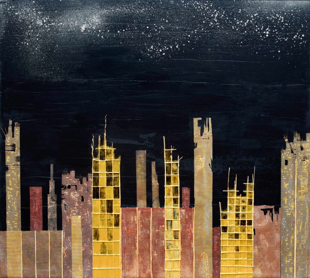 In this stunning piece from Alex Sauret's art portfolio, titled "Luminance," a mesmerizing cityscape unfolds before the viewer's eyes. Sauret employs mixed media techniques to craft the buildings, imbuing them with a unique and stylized aesthetic. Each structure seems to pulsate with energy, evoking the bustling rhythm of urban life. Above the cityscape, the sky commands attention with its striking beauty. Painted in rich black hues, it serves as a dramatic backdrop to the scene below. Amidst the darkness, patches of the sky resemble a gala milky constellation, adding a touch of celestial enchantment to the composition. Through "Luminance," Sauret skillfully captures the essence of city life, juxtaposing the vibrancy of urban architecture with the serene allure of the night sky. The result is a captivating artwork that invites viewers to immerse themselves in its evocative atmosphere. Available on the shop artwork page, this image captures the essence of the piece, inviting exploration and appreciation.