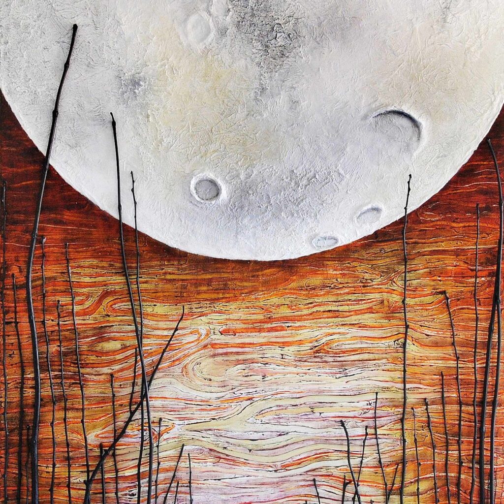 In this striking artwork titled "Old Moon," part of Alex Sauret's art portfolio, the focal point is a luminous light grey moon occupying the center of the canvas. The moon's surface is intricately depicted, with visible craters adding depth and texture to its ethereal glow. Surrounding the moon, the background is rendered in rich red hues, reminiscent of undulating water waves. This vibrant backdrop creates a sense of movement and depth, enhancing the otherworldly atmosphere of the scene. At the bottom of the painting, minimalist trees with no leaves stands silhouetted against the vivid backdrop, adding a touch of stark contrast and completing the composition with a sense of quiet serenity. Through "Old Moon," Sauret invites viewers to immerse themselves in a tranquil yet evocative lunar landscape, where the interplay of light and shadow captivates the imagination. Old Moon by Alex Sauret is sure to remember.