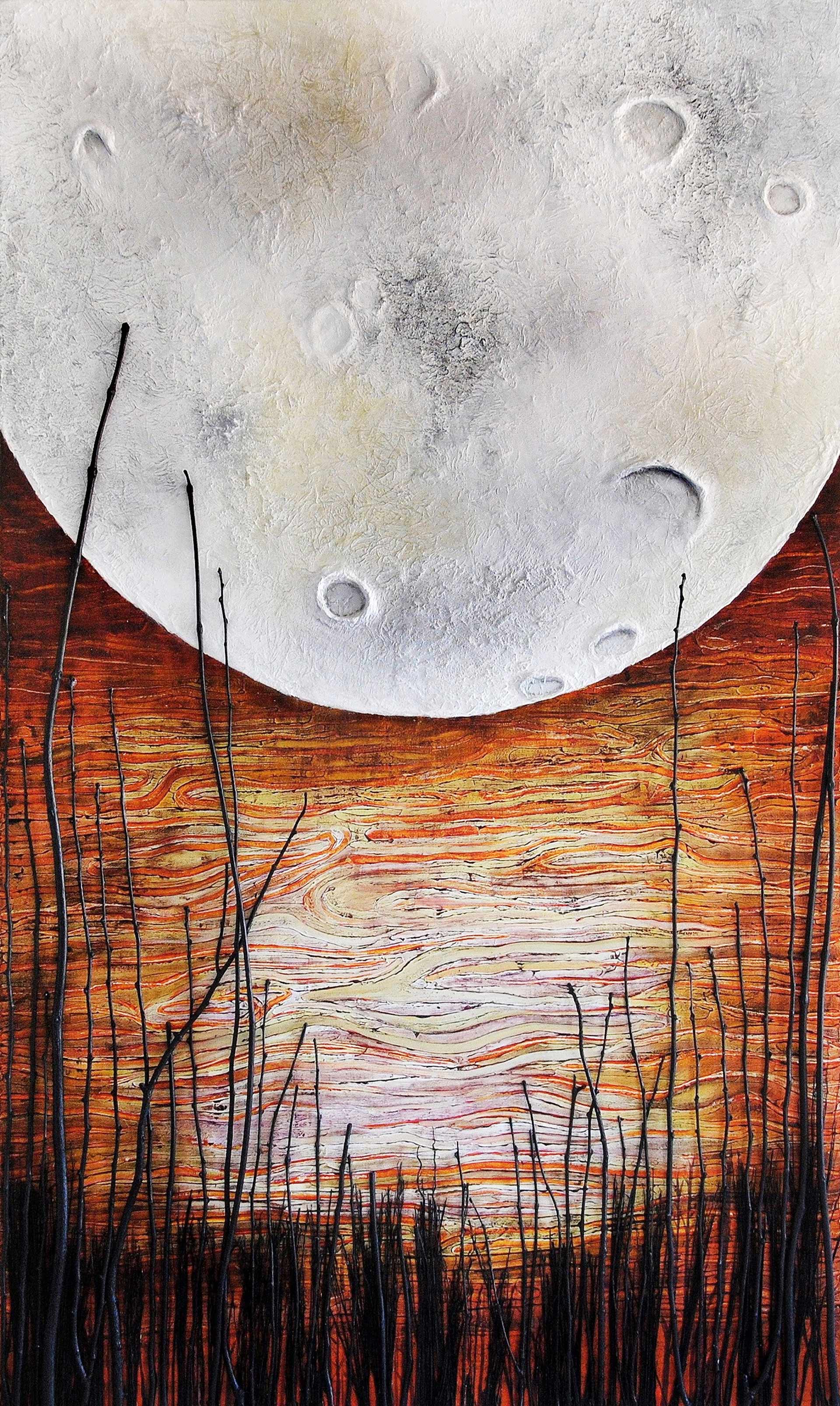 In this striking artwork titled "Old Moon," part of Alex Sauret's art portfolio, the focal point is a luminous light grey moon occupying the center of the canvas. The moon's surface is intricately depicted, with visible craters adding depth and texture to its ethereal glow. Surrounding the moon, the background is rendered in rich red hues, reminiscent of undulating water waves. This vibrant backdrop creates a sense of movement and depth, enhancing the otherworldly atmosphere of the scene. At the bottom of the painting, minimalist trees with no leaves stands silhouetted against the vivid backdrop, adding a touch of stark contrast and completing the composition with a sense of quiet serenity. Through "Old Moon," Sauret invites viewers to immerse themselves in a tranquil yet evocative lunar landscape, where the interplay of light and shadow captivates the imagination. Old Moon by Alex Sauret is sure to remember.