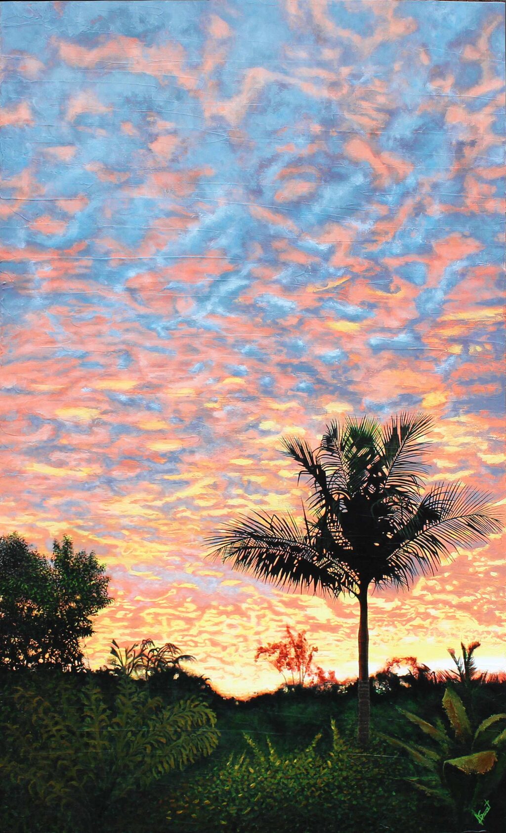 In this captivating Skies of Cairns Painting, part of Alex Sauret's art portfolio, the viewer is transported to the enchanting Skyes of Cairns. At the bottom of the canvas, a lush tropical landscape unfolds in rich, dark green and black hues, evoking the dense foliage of a vibrant jungle. Rising above the landscape, a striking black palm tree commands attention with its bold presence. However, it is the sky that truly steals the show. Painted in mesmerizing shades of blue, orange, and yellow, the sky appears otherworldly, as if from a realm beyond our own. The vibrant hues swirl and dance across the canvas, imbuing the scene with a sense of energy and wonder. Against this captivating backdrop, the viewer is drawn into a surreal and immersive experience, where the beauty of nature transcends earthly boundaries. Available on the shop artwork page, Skies of Cairns by Alex Sauret captures the essence of the piece, inviting exploration and appreciation.