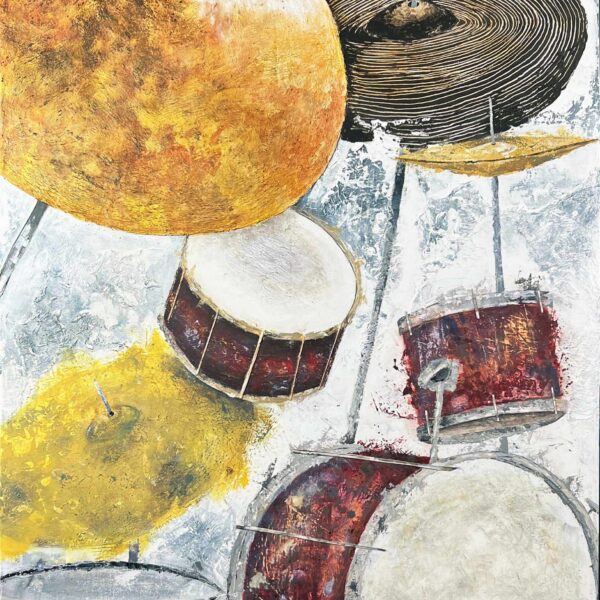 This 'Skins & Cymbals' painting by Alex Sauret features a dynamic composition where drums and cymbals are the focal point. The round parts of the drums are infused with vibrant red hues, creating a sense of energy and intensity. The cymbals are depicted with rich yellow tones, capturing the metallic sheen and adding a bright, lively contrast to the drums. The background is a harmonious blend of white and blue hues, providing a cool and calming backdrop that complements the warm tones of the drums and cymbals. The interplay of colours and textures creates a visually striking and extraordinary artwork that draws the viewer's attention to the central elements of the drums and cymbals. Available on the shop artwork page, this image captures the essence of the piece, inviting exploration and appreciation.