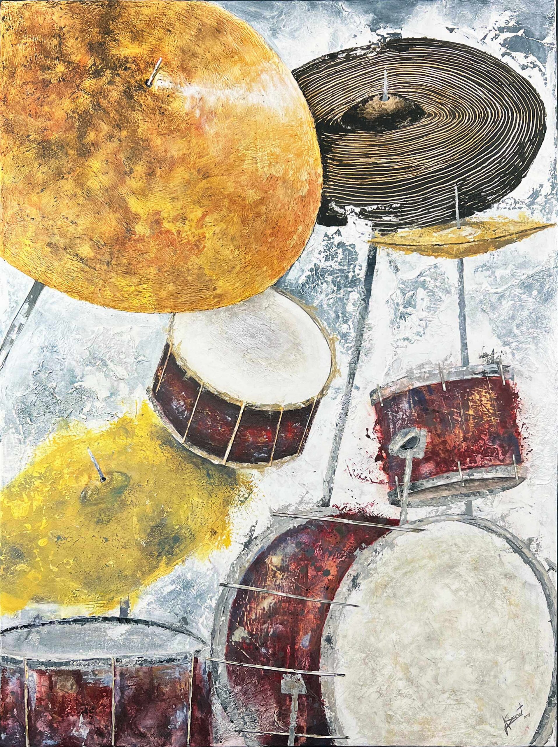 This 'Skins & Cymbals' painting by Alex Sauret features a dynamic composition where drums and cymbals are the focal point. The round parts of the drums are infused with vibrant red hues, creating a sense of energy and intensity. The cymbals are depicted with rich yellow tones, capturing the metallic sheen and adding a bright, lively contrast to the drums. The background is a harmonious blend of white and blue hues, providing a cool and calming backdrop that complements the warm tones of the drums and cymbals. The interplay of colours and textures creates a visually striking and extraordinary artwork that draws the viewer's attention to the central elements of the drums and cymbals. Available on the shop artwork page, this image captures the essence of the piece, inviting exploration and appreciation.