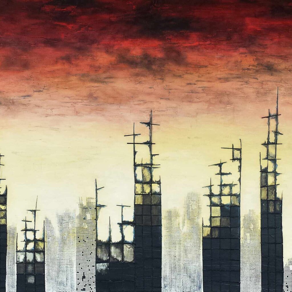 In this striking image, we're presented with "Disorder" by Alex Sauret, a captivating cityscape painting, showcased as part of his art portfolio. The painting depicts a cityscape rendered in a stylistic manner, evoking a post-apocalyptic ambiance. Using mixed media techniques, the buildings stand out with an intricate and chaotic allure, symbolizing disorder and tumultuous times. Above the cityscape, the sky commands attention with its breathtaking colours. Shades of red and black dominate the upper regions, hinting at a brooding atmosphere and hinting at potential chaos. Yet, amidst the darkness, streaks of vibrant yellow on the horizon offer a glimmer of hope and possibility, contrasting with the overall dystopian mood of the scene. Sauret's masterful use of color and technique invites viewers to contemplate the tension between order and disorder, hope and despair, within the urban landscape. Through "Disorder," he skillfully captures the complexities of the human experience, leaving a lasting impression on those who behold his work.