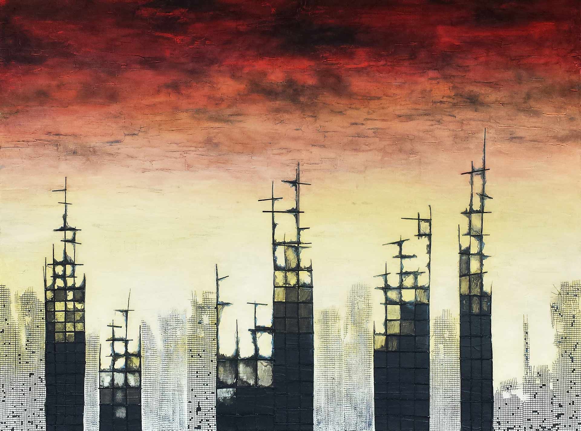 In this striking image, we're presented with "Disorder" by Alex Sauret, a captivating cityscape painting, showcased as part of his art portfolio. The painting depicts a cityscape rendered in a stylistic manner, evoking a post-apocalyptic ambiance. Using mixed media techniques, the buildings stand out with an intricate and chaotic allure, symbolizing disorder and tumultuous times. Above the cityscape, the sky commands attention with its breathtaking colours. Shades of red and black dominate the upper regions, hinting at a brooding atmosphere and hinting at potential chaos. Yet, amidst the darkness, streaks of vibrant yellow on the horizon offer a glimmer of hope and possibility, contrasting with the overall dystopian mood of the scene. Sauret's masterful use of color and technique invites viewers to contemplate the tension between order and disorder, hope and despair, within the urban landscape. Through "Disorder," he skillfully captures the complexities of the human experience, leaving a lasting impression on those who behold his work.