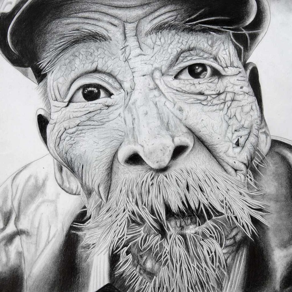 In Elderly drawing by Alex Sauret, a poignant portrayal unfolds in graphite. The subject, a very old man, dons a traditional hat, accentuating his weathered appearance. His substantial moustache and goatee add character to his face, but it's the profound wrinkles that steal the spotlight, each line telling a story of a life lived. His expression is somber, as if he carries a burden of untold tales, his eyes hinting at the weight of experiences.