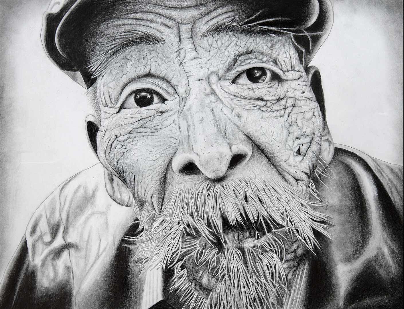 In Elderly drawing by Alex Sauret, a poignant portrayal unfolds in graphite. The subject, a very old man, dons a traditional hat, accentuating his weathered appearance. His substantial moustache and goatee add character to his face, but it's the profound wrinkles that steal the spotlight, each line telling a story of a life lived. His expression is somber, as if he carries a burden of untold tales, his eyes hinting at the weight of experiences.