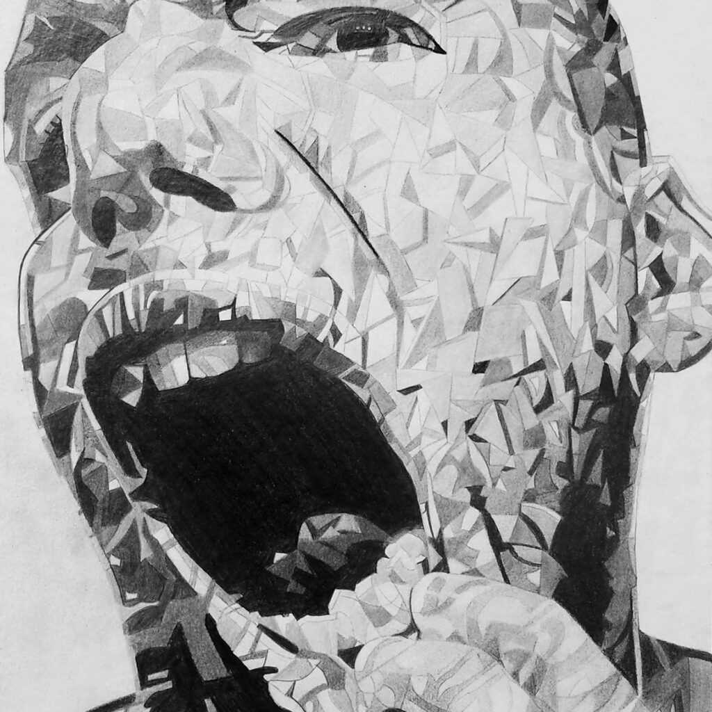 In Fragment drawing by Alex Sauret, the artist employs graphite to craft a striking portrait of a screaming man. However, this portrayal diverges from convention as the man's visage is composed entirely of diamond facets.