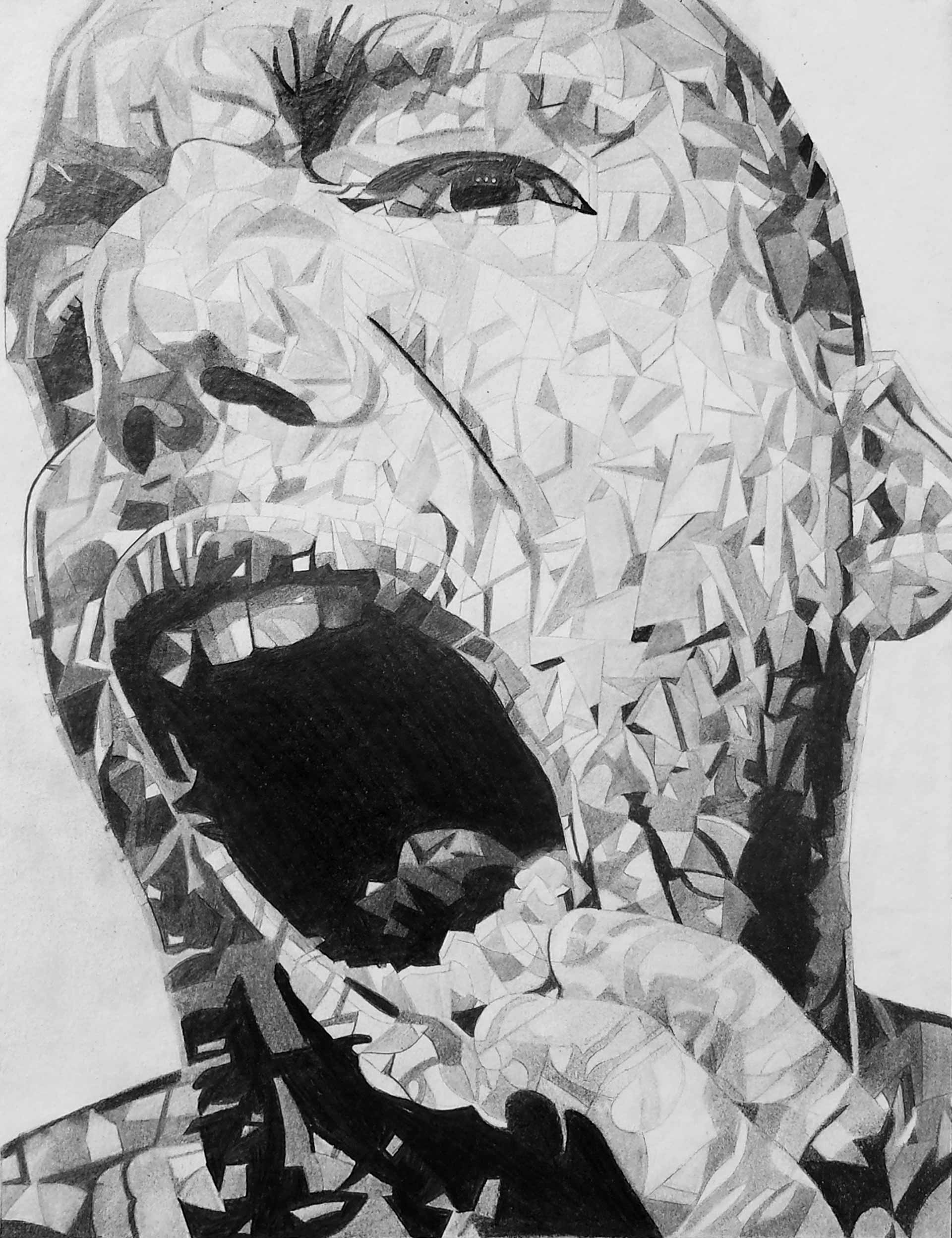 In Fragment drawing by Alex Sauret, the artist employs graphite to craft a striking portrait of a screaming man. However, this portrayal diverges from convention as the man's visage is composed entirely of diamond facets.