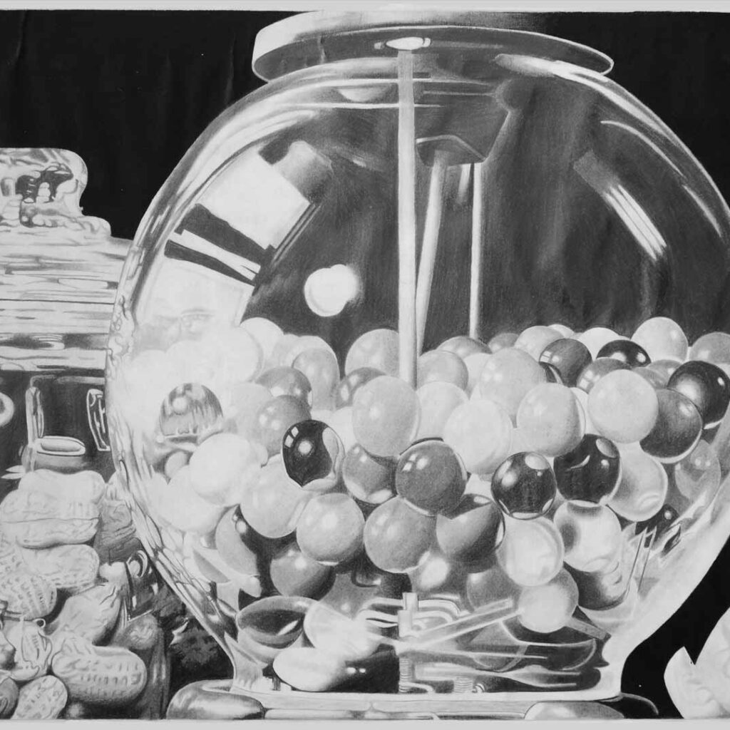 This graphite Gumball drawing by Alex Sauret showcases a clear glass ball filled with white and black gum balls. To the left of the gum ball are a few groundnuts, adding texture and contrast to the scene. In the background, another glass ball can be seen, creating a sense of depth and complexity in the composition.