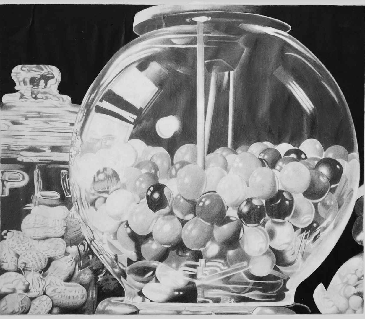 This graphite Gumball drawing by Alex Sauret showcases a clear glass ball filled with white and black gum balls. To the left of the gum ball are a few groundnuts, adding texture and contrast to the scene. In the background, another glass ball can be seen, creating a sense of depth and complexity in the composition.