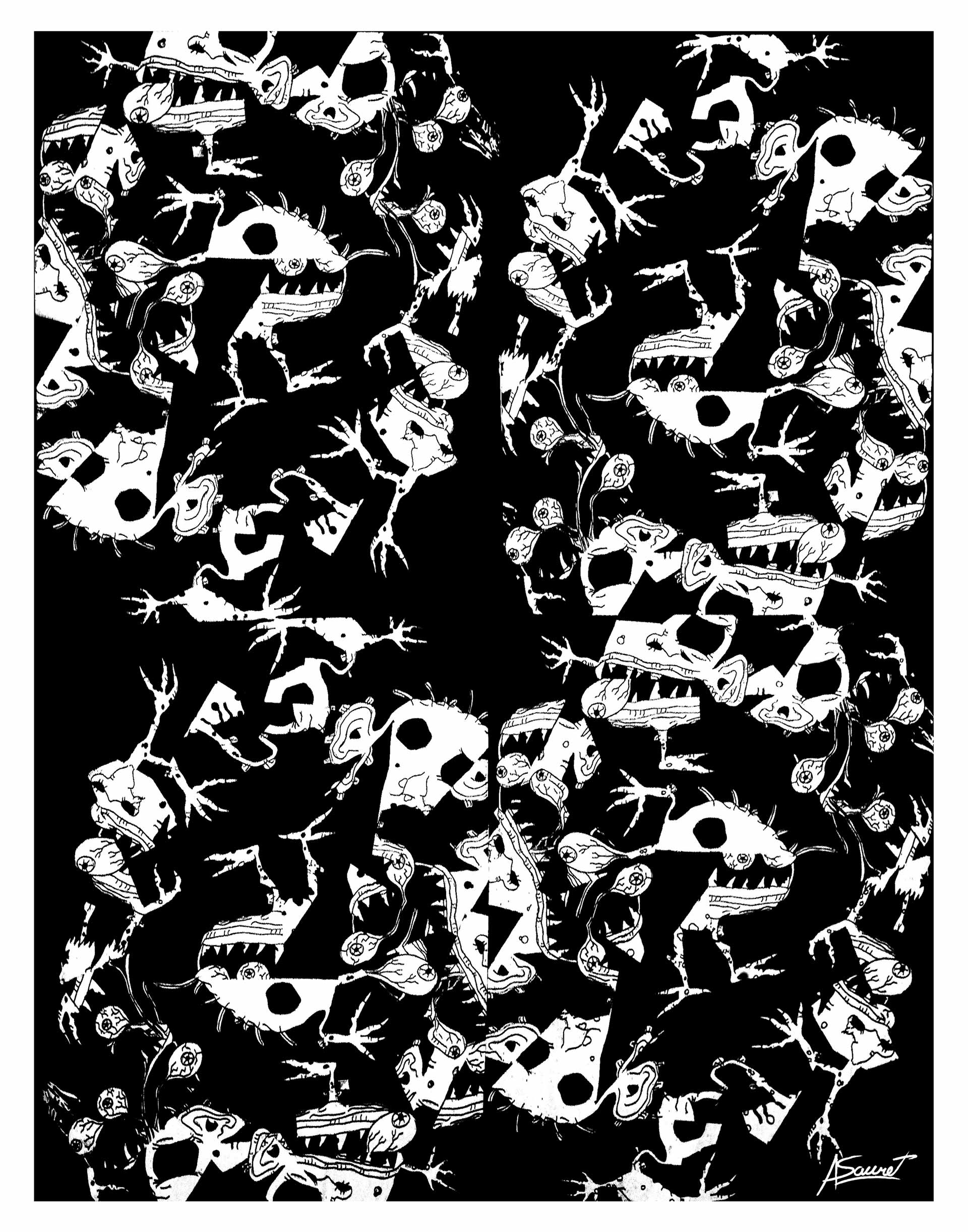 This Scattered drawing by Alex Sauret features a dark, textured background filled with floating abstract, white, ant-like creatures dispersed throughout the composition. The delicate, intricate forms of these creatures create a dynamic contrast against the dark backdrop, giving the impression of a swarming mass observed from a distance.