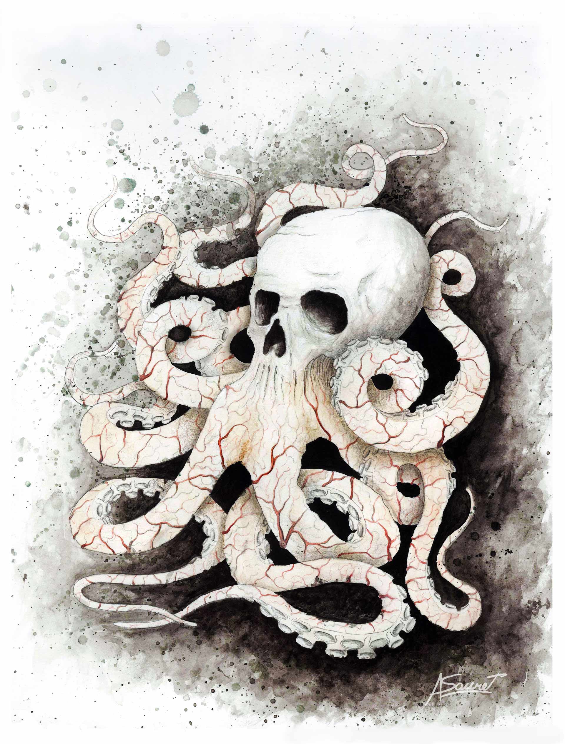 This drawing 'Skullopus' by Alex Sauret features a surreal fusion of an octopus and a human skull, with tentacles emerging from the mouth area of the skull. The background resembles water droplets, with a dark area around the octopus mimicking the effect of octopus ink.