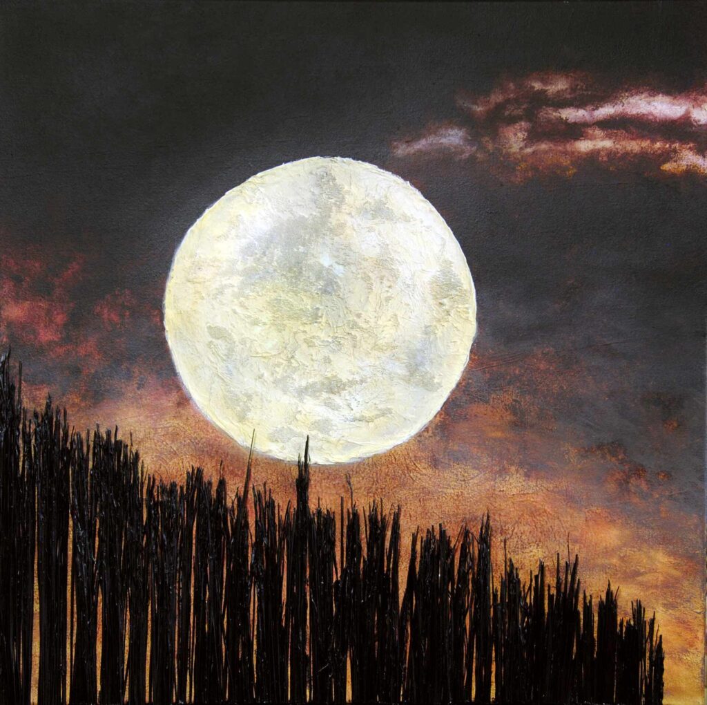 In this striking landscape painting, titled "Transition" and part of Alex Sauret's art portfolio, the viewer is transported to a serene nocturnal scene. The painting is the 2nd of four in a series, each depicting the moon in various stages. Here, the moon commands attention as it emerges from the silhouette of trees, casting a gentle glow upon the surrounding landscape. The artist employs a captivating contrast of hues to depict the transition between night and day. The trees and the night sky are rendered in deep, velvety black tones, evoking a sense of mystery and depth. In contrast, the horizon is awash in rich red hues, suggesting the impending arrival of dawn or the last vestiges of sunset. At the heart of the painting, the moon shines brightly in radiant yellow tones, its surface adorned with delicate shadows and intricate craters. This attention to detail adds realism and depth to the celestial body, imbuing it with a sense of ethereal beauty. Overall, "Transition" captivates the viewer with its evocative portrayal of the celestial dance between night and day, inviting them to contemplate the beauty and wonder of the natural world. Available on the shop artwork page, this image captures the essence of the piece, inviting exploration and appreciation.