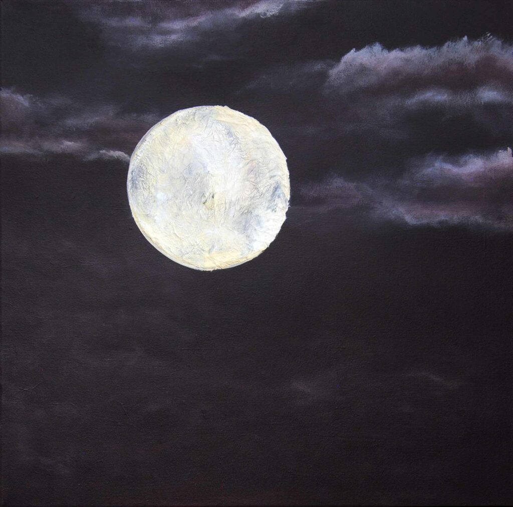 In this striking landscape painting, titled "Transition" and part of Alex Sauret's art portfolio, the viewer is transported to a serene nocturnal scene. The painting is the last of four in a series, each depicting the moon in various stages. Here, the moon commands attention as it emerges from the silhouette of trees, casting a gentle glow upon the surrounding landscape. The artist employs a captivating contrast of hues to depict the transition between night and day. The trees and the night sky are rendered in deep, velvety black tones, evoking a sense of mystery and depth. In contrast, the horizon is awash in rich red hues, suggesting the impending arrival of dawn or the last vestiges of sunset. At the heart of the painting, the moon shines brightly in radiant yellow tones, its surface adorned with delicate shadows and intricate craters. This attention to detail adds realism and depth to the celestial body, imbuing it with a sense of ethereal beauty. Overall, "Transition" captivates the viewer with its evocative portrayal of the celestial dance between night and day, inviting them to contemplate the beauty and wonder of the natural world. Available on the shop artwork page, this image captures the essence of the piece, inviting exploration and appreciation.