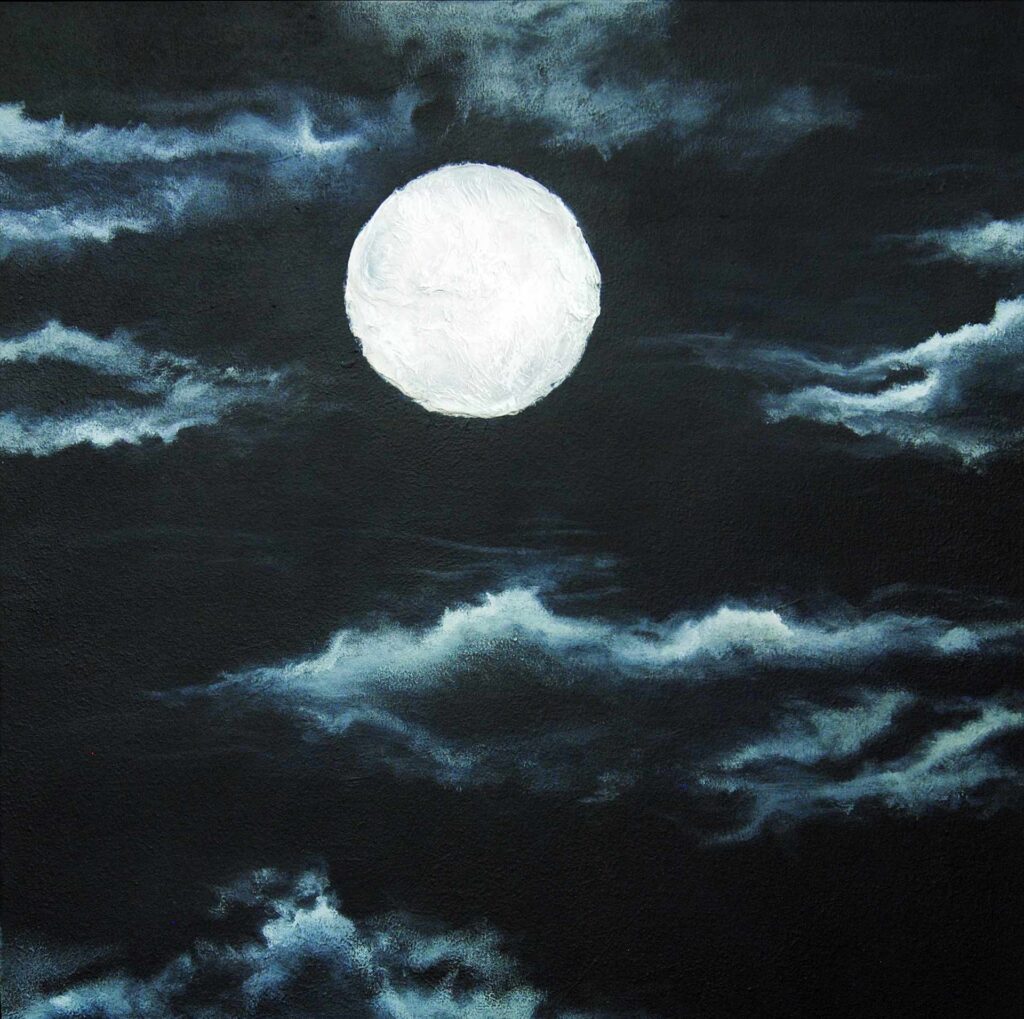 In this striking landscape painting, titled "Transition" and part of Alex Sauret's art portfolio, the viewer is transported to a serene nocturnal scene. The painting is the 3rd of four in a series, each depicting the moon in various stages. Here, the moon commands attention as it emerges from the silhouette of trees, casting a gentle glow upon the surrounding landscape. The artist employs a captivating contrast of hues to depict the transition between night and day. The trees and the night sky are rendered in deep, velvety black tones, evoking a sense of mystery and depth. In contrast, the horizon is awash in rich red hues, suggesting the impending arrival of dawn or the last vestiges of sunset. At the heart of the painting, the moon shines brightly in radiant yellow tones, its surface adorned with delicate shadows and intricate craters. This attention to detail adds realism and depth to the celestial body, imbuing it with a sense of ethereal beauty. Overall, "Transition" captivates the viewer with its evocative portrayal of the celestial dance between night and day, inviting them to contemplate the beauty and wonder of the natural world. Available on the shop artwork page, this image captures the essence of the piece, inviting exploration and appreciation.