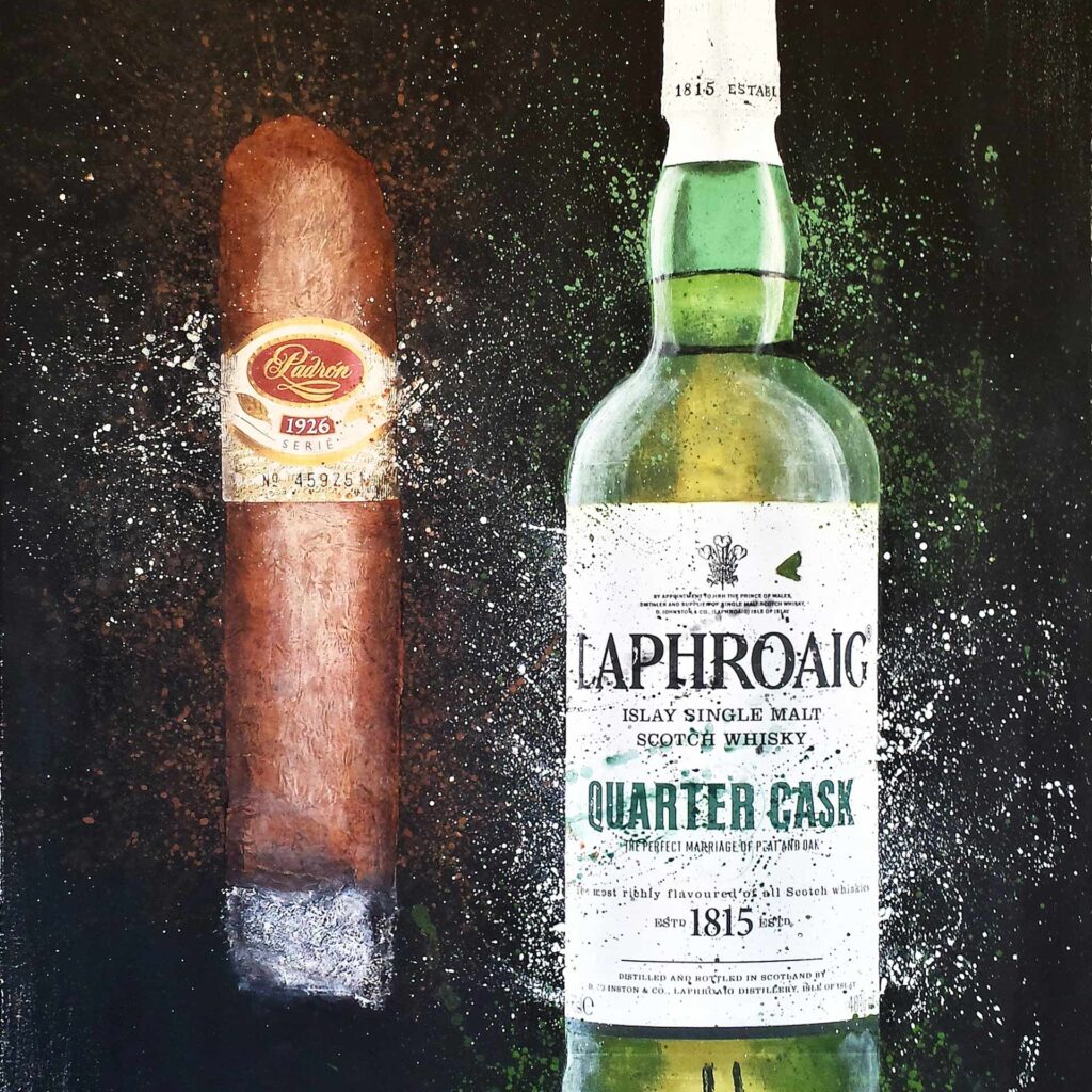 In this striking painting from Alex Sauret's art portfolio, titled "Padron & Laphroaig," a scene of exquisite realism unfolds. At the forefront of the composition, a bottle of Padron whiskey and a whole piece of salami command attention. Each detail is meticulously rendered, capturing the texture and sheen of the objects with remarkable precision. The backdrop, painted in dark blue and black hues, sets a dramatic tone, while a splash of vibrant color surrounds the bottle and salami, drawing the viewer's gaze to the focal point of the painting. This contrast between the dark background and the vivid accents enhances the visual impact of the artwork, creating a sense of depth and dimension. Through his skillful use of light, shadow, and color, Sauret brings the scene to life, evoking a sense of richness and indulgence. The painting invites viewers to savor the moment, offering a tantalizing glimpse into a world of luxury and indulgence.