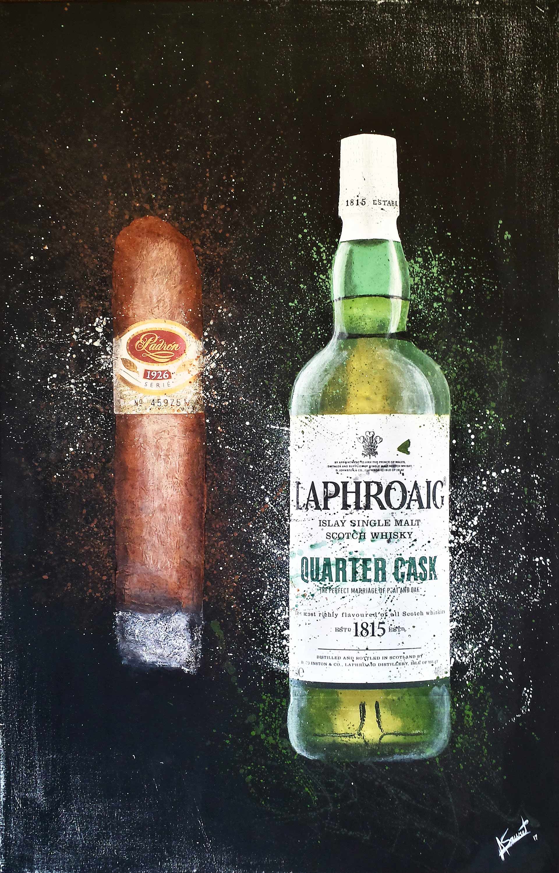 In this striking painting from Alex Sauret's art portfolio, titled "Padron & Laphroaig," a scene of exquisite realism unfolds. At the forefront of the composition, a bottle of Padron whiskey and a whole piece of salami command attention. Each detail is meticulously rendered, capturing the texture and sheen of the objects with remarkable precision. The backdrop, painted in dark blue and black hues, sets a dramatic tone, while a splash of vibrant color surrounds the bottle and salami, drawing the viewer's gaze to the focal point of the painting. This contrast between the dark background and the vivid accents enhances the visual impact of the artwork, creating a sense of depth and dimension. Through his skillful use of light, shadow, and colour, Sauret brings the scene to life, evoking a sense of richness and indulgence. The painting invites viewers to savour the moment, offering a tantalizing glimpse into a world of luxury and indulgence.