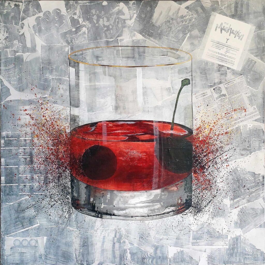 In this captivating "The Manhattan" Painting featured in Alex Sauret's art portfolio, the focal point is a clear glass containing a vibrant red liquid, accompanied by a solitary cherry, resting atop the liquid's surface. The glass stands as the centerpiece of the composition, drawing the viewer's attention with its striking clarity and the rich hue of the liquid within. Surrounding the base of the glass, splashes of red and black colors adorn the canvas, resembling the aftermath of droplets hitting a wet surface. These dynamic splashes add an element of movement and spontaneity to the scene, enhancing the sense of realism and depth. The background of the painting is crafted using mixed media techniques, creating a collage-like effect with diffuse images subtly blending into one another. This background adds an intriguing layer of complexity to the composition, inviting viewers to contemplate the narrative behind the artwork. Overall, "The Manhattan" captivates with its meticulous attention to detail, realism, and the artist's skillful use of mixed media to create a visually compelling narrative.