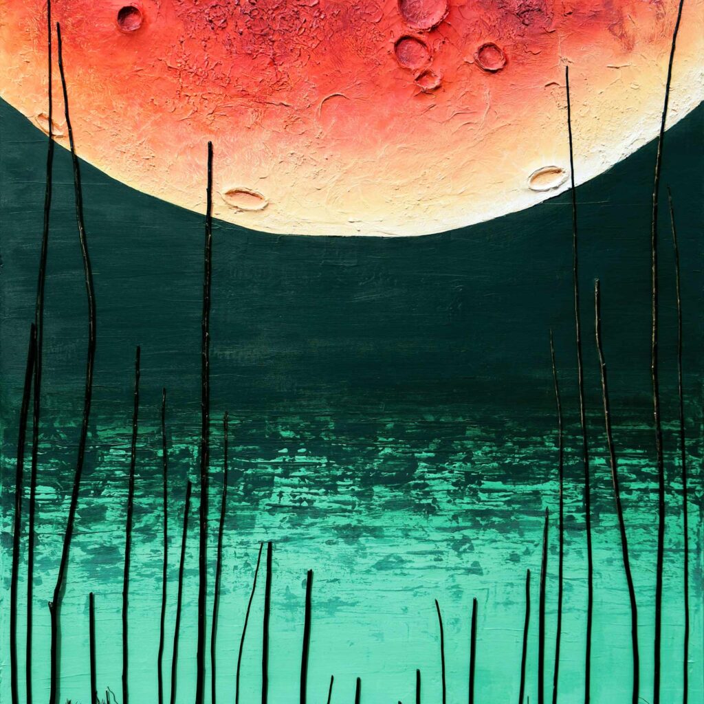 In this striking 'Blood Moon' Painting from Alex Sauret's art portfolio, the celestial body commands attention at the center of the composition. The moon, depicted in vibrant shades of red transitioning to pale yellow at its edges, dominates the canvas with its captivating presence. Intricate craters dot its surface, adding depth and texture to the portrayal. Below the moon, a serene lake stretches out, its waters depicted in vivid teal hues that shimmer with life. Dark shades create the illusion of rippling waves, adding movement and dynamism to the scene. Along the horizon, a contrasting palette of dark blacks and greens forms a stark boundary between sky and water, enhancing the moon's prominence. At the base of the painting, meticulous attention to detail is evident in the depiction of vegetation. Utilizing mixed media, such as slender sticks, Sauret creates a sense of realism and texture, grounding the ethereal lunar landscape in tangible earthiness. Overall, "Blood Moon" is a mesmerizing portrayal that seamlessly merges the celestial and earthly realms, inviting viewers into a world of wonder and imagination.