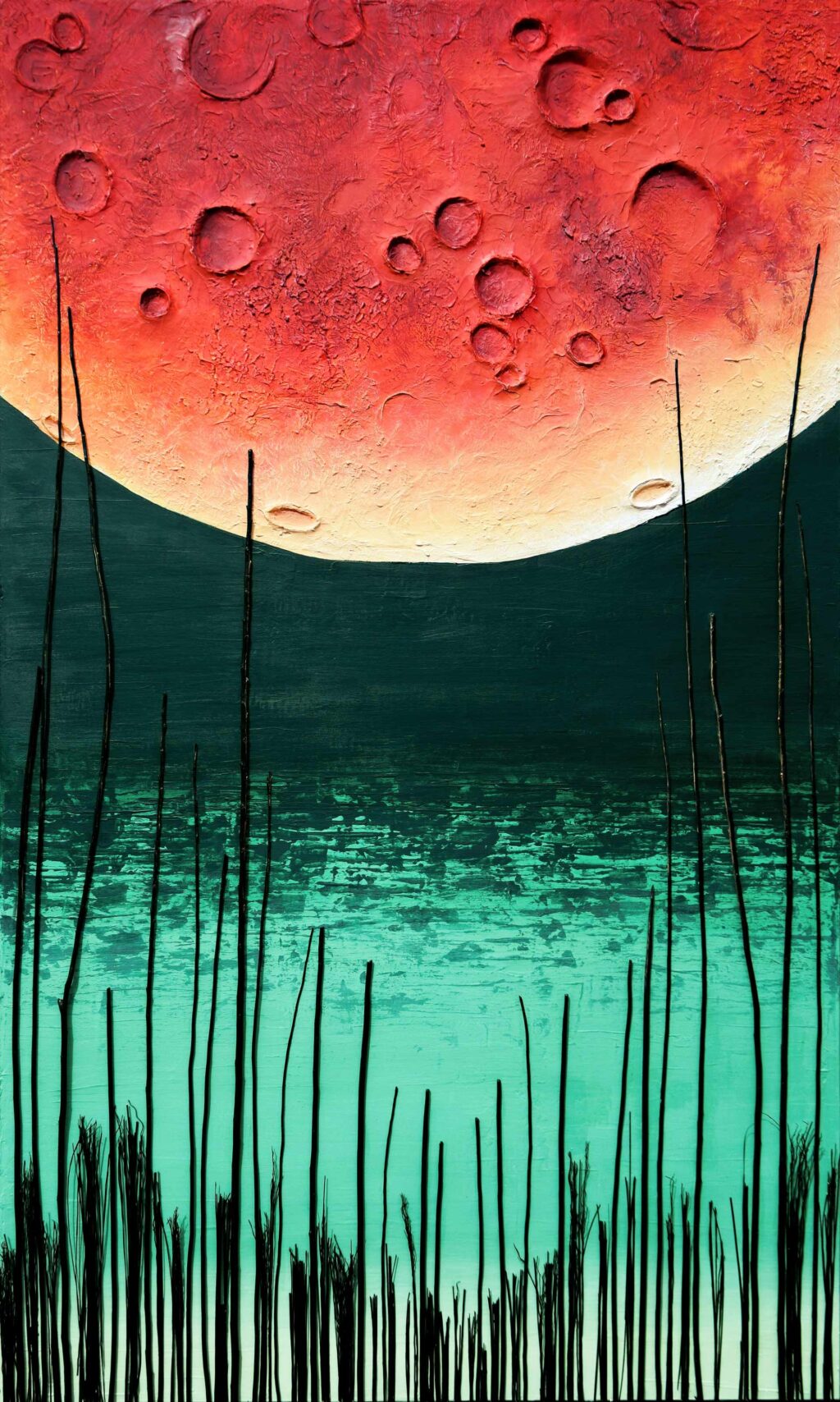 In this striking 'Blood Moon' Painting from Alex Sauret's art portfolio, the celestial body commands attention at the center of the composition. The moon, depicted in vibrant shades of red transitioning to pale yellow at its edges, dominates the canvas with its captivating presence. Intricate craters dot its surface, adding depth and texture to the portrayal. Below the moon, a serene lake stretches out, its waters depicted in vivid teal hues that shimmer with life. Dark shades create the illusion of rippling waves, adding movement and dynamism to the scene. Along the horizon, a contrasting palette of dark blacks and greens forms a stark boundary between sky and water, enhancing the moon's prominence. At the base of the painting, meticulous attention to detail is evident in the depiction of vegetation. Utilizing mixed media, such as slender sticks, Sauret creates a sense of realism and texture, grounding the ethereal lunar landscape in tangible earthiness. Overall, "Blood Moon" is a mesmerizing portrayal that seamlessly merges the celestial and earthly realms, inviting viewers into a world of wonder and imagination.