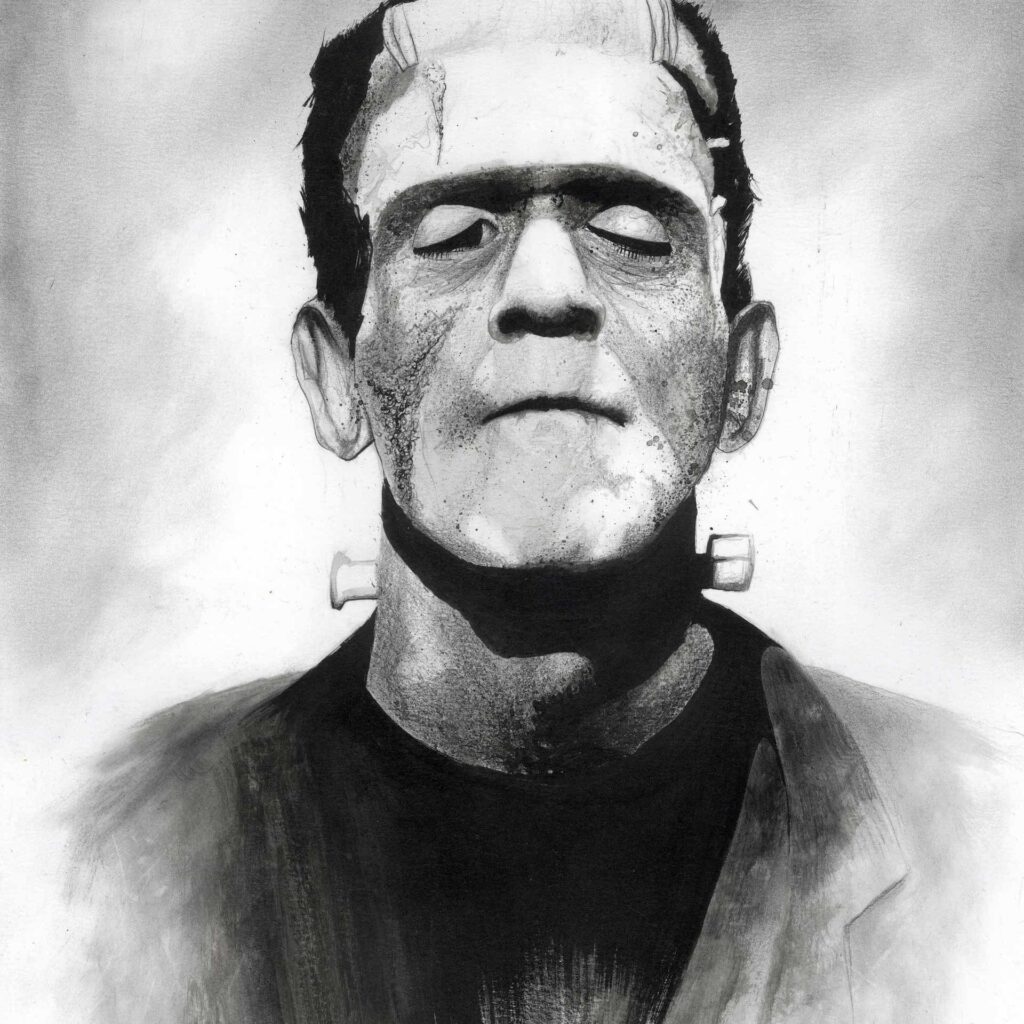 This striking black and white drawing Frankenstein by Alex Sauret, created with graphite, captures the haunting visage of Frankenstein's monster. Shadows play a significant role, adding depth and a sense of foreboding to the portrait, highlighting Sauret's skill in rendering texture and emotion through monochromatic tones.