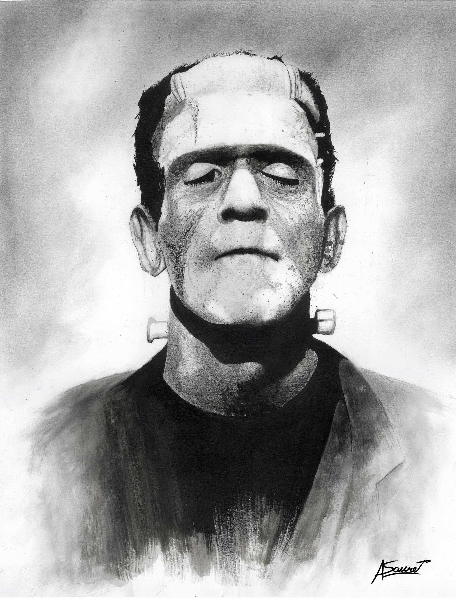 This striking black and white drawing Frankenstein by Alex Sauret, created with graphite, captures the haunting visage of Frankenstein's monster. Shadows play a significant role, adding depth and a sense of foreboding to the portrait, highlighting Sauret's skill in rendering texture and emotion through monochromatic tones.