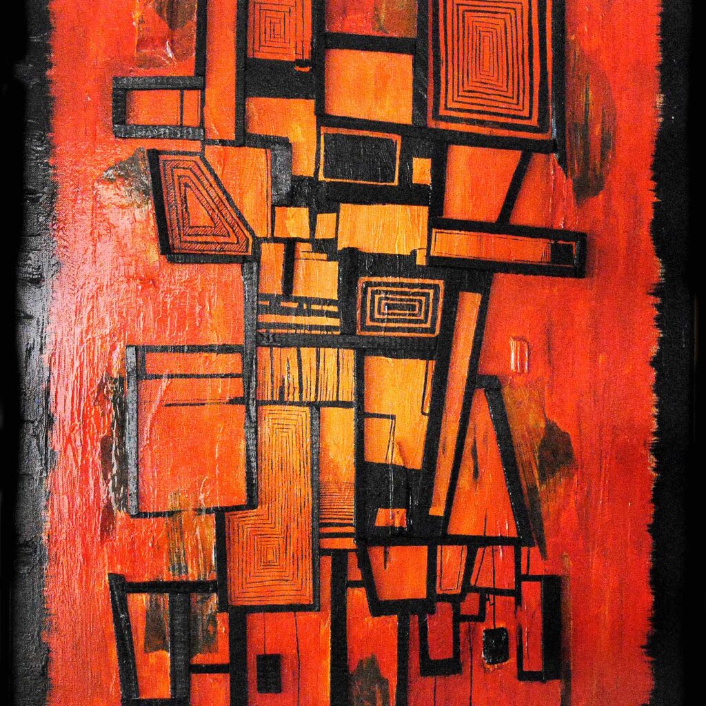 In this striking image showcasing "Lost" by Alex Sauret, a captivating abstract painting from Alex Sauret's art portfolio, layers of vibrant red objects with black contours stack atop one another, creating a mesmerizing visual depth. The rich red hues of the background envelop the composition, enhancing the intensity and warmth of the artwork. Against this bold backdrop, the black contours stand out, defining the intricate shapes and forms within the painting. The deliberate layering and stacking of the red objects evoke a sense of complexity and mystery, inviting viewers to explore the depths of the artist's imagination. Framed by the same black contours, the painting exudes a sense of unity and coherence, while simultaneously captivating the eye with its dynamic interplay of colour and form. Through "Lost," Sauret showcases his mastery of abstraction, offering viewers a glimpse into a world where shapes and colours converge to evoke emotion and intrigue.