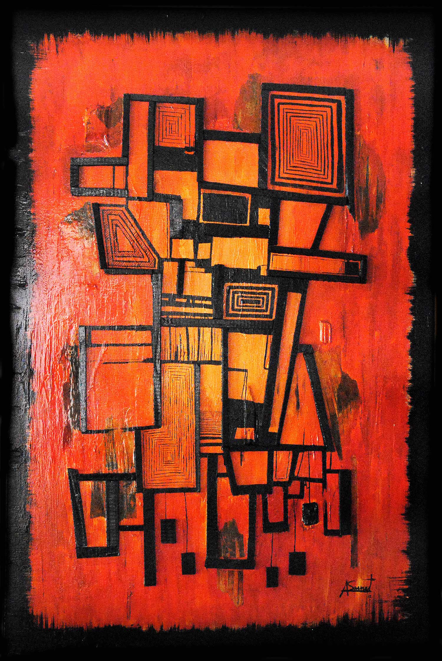 In this striking image showcasing "Lost" by Alex Sauret, a captivating abstract painting from Alex Sauret's art portfolio, layers of vibrant red objects with black contours stack atop one another, creating a mesmerizing visual depth. The rich red hues of the background envelop the composition, enhancing the intensity and warmth of the artwork. Against this bold backdrop, the black contours stand out, defining the intricate shapes and forms within the painting. The deliberate layering and stacking of the red objects evoke a sense of complexity and mystery, inviting viewers to explore the depths of the artist's imagination. Framed by the same black contours, the painting exudes a sense of unity and coherence, while simultaneously captivating the eye with its dynamic interplay of colour and form. Through "Lost," Sauret showcases his mastery of abstraction, offering viewers a glimpse into a world where shapes and colours converge to evoke emotion and intrigue.