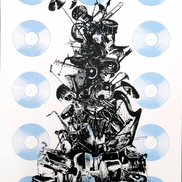 This image showcases the Endeavour Artist Proof Silkscreen Print Blue by Alex Sauret. At the heart of the artwork is a creatively arranged stack of various musical instruments, forming the shape of a Christmas tree. This imaginative and detailed formation captures the viewer's eye with its unique composition. Surrounding the central tree-like stack is a border of vinyl records in blue and white colours, adding a vintage and rhythmic frame to the piece. The vibrant contrast between the instruments and the vinyl records creates a dynamic and engaging visual experience.