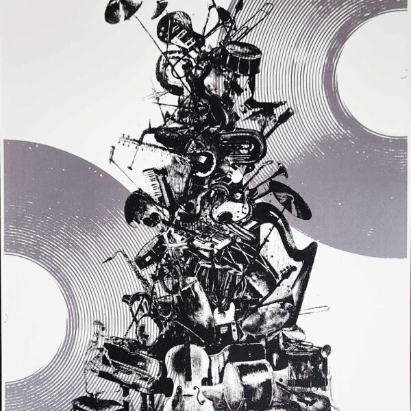 This image showcases the Endeavour Artist Proof Silkscreen Print Duo by Alex Sauret. At the heart of the artwork is a creatively arranged stack of various musical instruments, forming the shape of a Christmas tree. This imaginative and detailed formation captures the viewer's eye with its unique composition. Surrounding the central tree-like stack are two vinyl records in purple and white hues, adding a vintage and rhythmic frame to the piece. The vibrant contrast between the instruments and the vinyl records creates a dynamic and engaging visual experience.