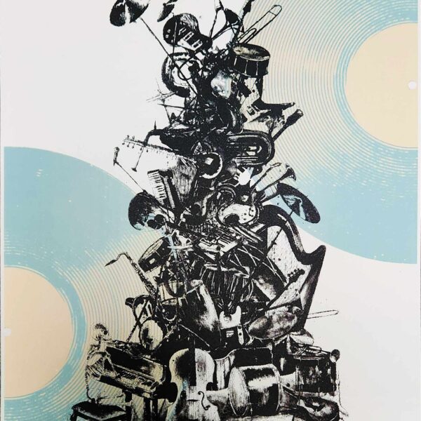 This image showcases the Endeavour Artist Proof Silkscreen Print Teal by Alex Sauret. At the heart of the artwork is a creatively arranged stack of various musical instruments, forming the shape of a Christmas tree. This imaginative and detailed formation captures the viewer's eye with its unique composition. Surrounding the central tree-like stack are two vinyl records in Teal and cream hues, adding a vintage and rhythmic frame to the piece. The vibrant contrast between the instruments and the vinyl records creates a dynamic and engaging visual experience.