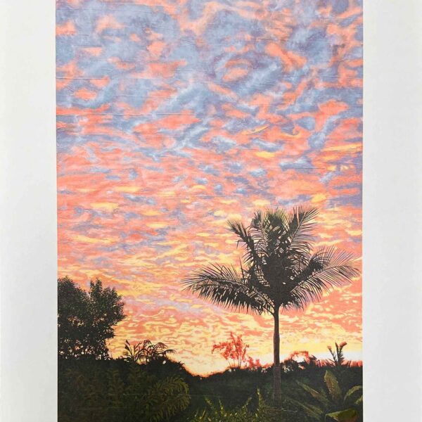 In this captivating Skies of Cairns Print by Alex Sauret, the viewer is transported to the enchanting Skies of Cairns. At the bottom of the canvas, a lush tropical landscape unfolds in rich, dark green and black hues, evoking the dense foliage of a vibrant jungle. Rising above the landscape, a striking black palm tree commands attention with its bold presence. However, it is the sky that truly steals the show. Painted in mesmerizing shades of blue, orange, and yellow, the sky appears otherworldly, as if from a realm beyond our own. The vibrant hues swirl and dance across the canvas, imbuing the scene with a sense of energy and wonder. Against this captivating backdrop, the viewer is drawn into a surreal and immersive experience, where the beauty of nature transcends earthly boundaries. Available on the shop artwork page, Skies of Cairns by Alex Sauret captures the essence of the piece, inviting exploration and appreciation.