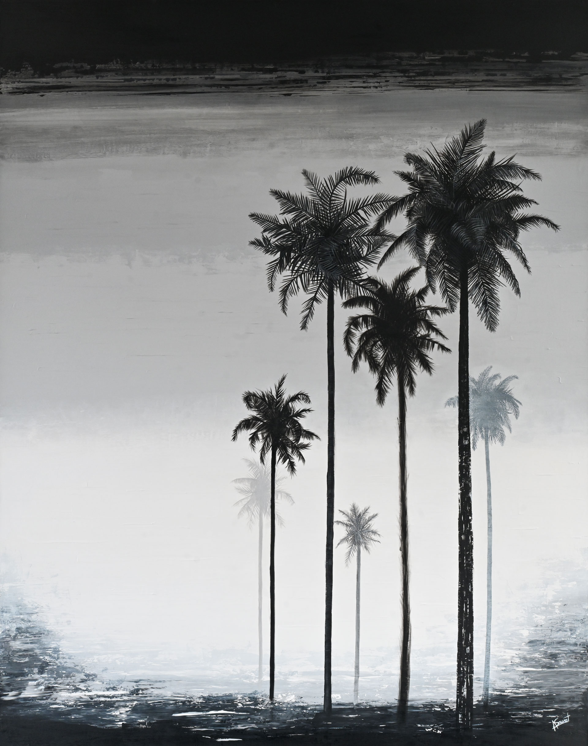 In Black Palm Painting Commission by of Alex Sauret, the viewer is transported into a serene scene dominated by three majestic palm trees. These palms, rendered in bold black hues, command attention against a backdrop of ethereal light shades. Above and below the palm trees, the canvas depicts the vast expanse of the sky and the earth, both painted in deep, rich black tones. This juxtaposition of darkness against light creates a captivating contrast, drawing the viewer's eye to the stark beauty of the palm trees. Through skillful use of colour and composition, Sauret captures the essence of these iconic symbols of tropical landscapes, inviting the viewer to immerse themselves in the tranquil ambiance of the painting. Available on the shop artwork page, this image captures the essence of the piece, inviting exploration and appreciation.