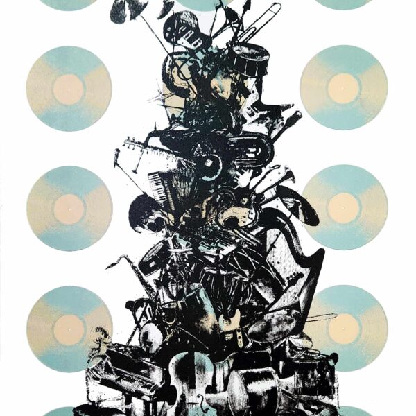 This image showcases the Endeavour Silkscreen Print by Alex Sauret. At the heart of the artwork is a creatively arranged stack of various musical instruments, forming the shape of a Christmas tree. This imaginative and detailed formation captures the viewer's eye with its unique composition. Surrounding the central tree-like stack is a border of vinyl records in teal and cream colours, adding a vintage and rhythmic frame to the piece. The vibrant contrast between the instruments and the vinyl records creates a dynamic and engaging visual experience.