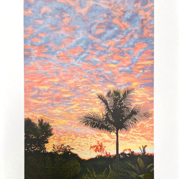 In this captivating Skies of Cairns Print by Alex Sauret, the viewer is transported to the enchanting Skies of Cairns. At the bottom of the canvas, a lush tropical landscape unfolds in rich, dark green and black hues, evoking the dense foliage of a vibrant jungle. Rising above the landscape, a striking black palm tree commands attention with its bold presence. However, it is the sky that truly steals the show. Painted in mesmerizing shades of blue, orange, and yellow, the sky appears otherworldly, as if from a realm beyond our own. The vibrant hues swirl and dance across the canvas, imbuing the scene with a sense of energy and wonder. Against this captivating backdrop, the viewer is drawn into a surreal and immersive experience, where the beauty of nature transcends earthly boundaries. Available on the shop artwork page, Skies of Cairns by Alex Sauret captures the essence of the piece, inviting exploration and appreciation.